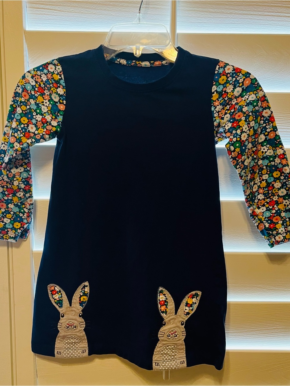 Navy Long-Sleeve Girls' dress with Floral Sleeves and Bunny Appliqués